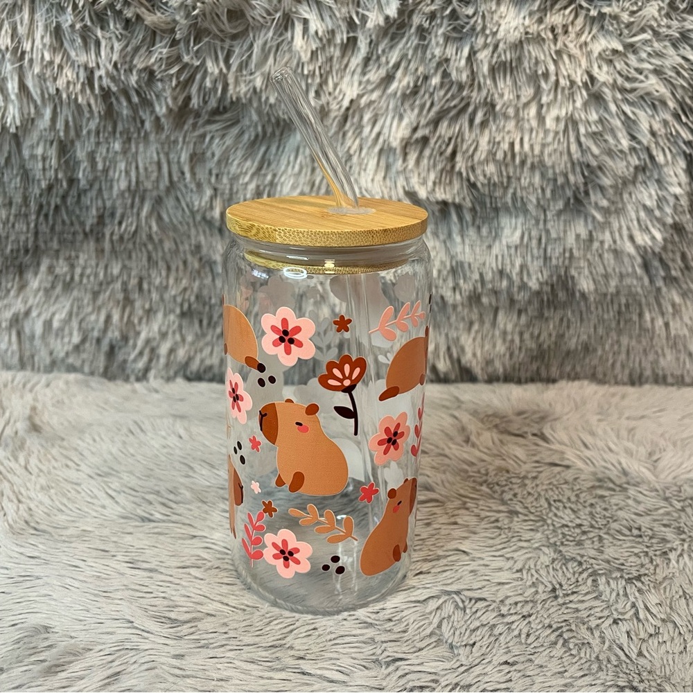 Capybara and Floral Glass Tumbler with Straw